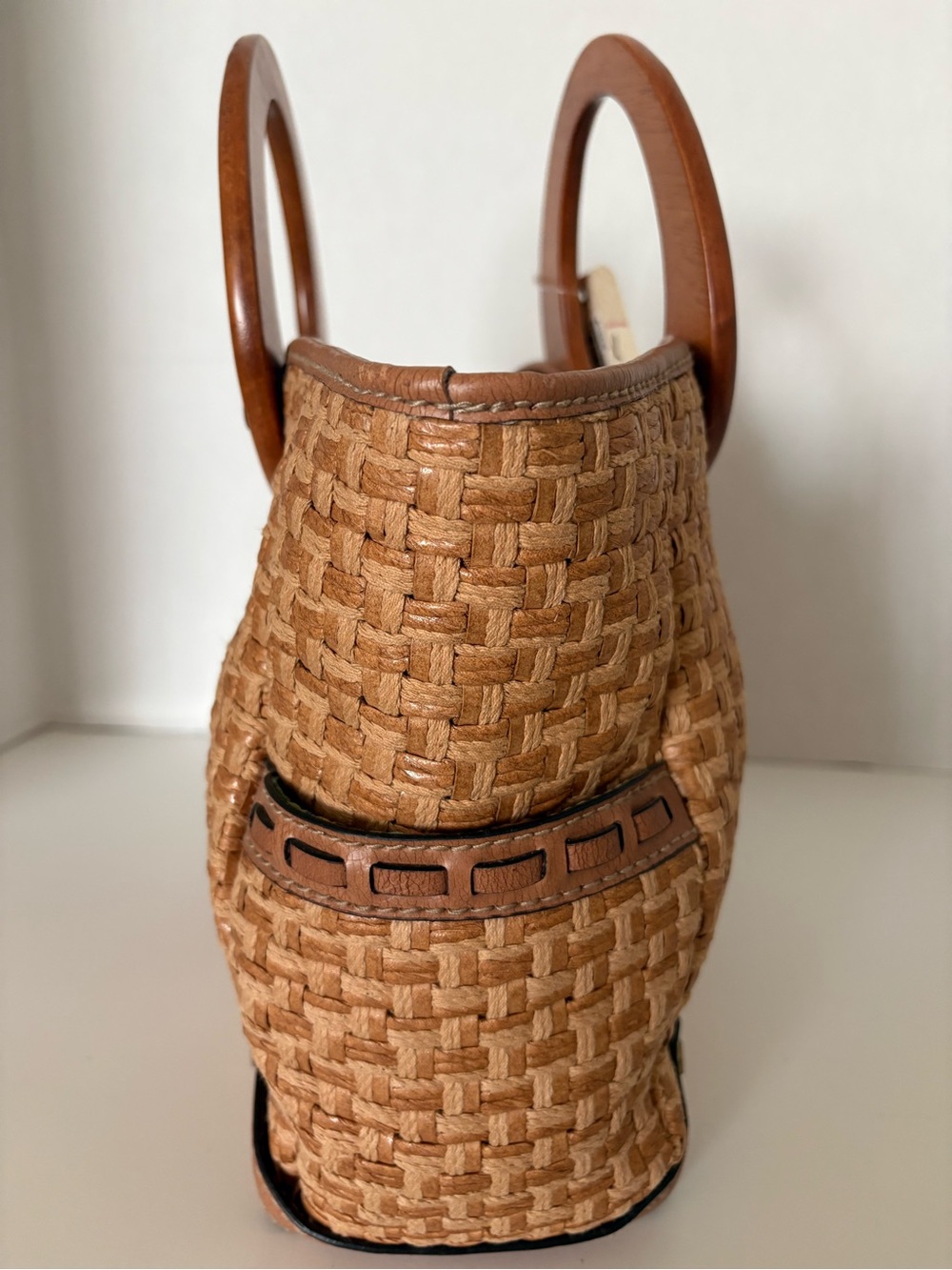 Fossil Tan Woven Tote with Circular Wood Handles - Picture 9 of 14